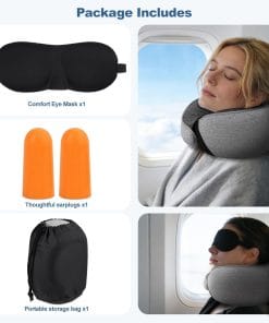 Memory Foam Travel Neck Pillow – Ergonomic Airplane Pillow with 360° Head Support - Includes Eye Mask & Ear Plugs - Ultra Portable Neck Pillow Airplane for Flights & Cars - 8