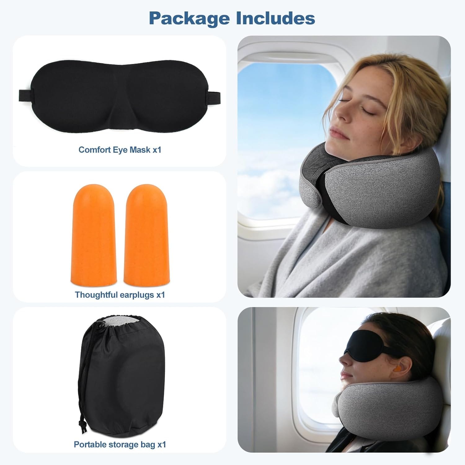 Memory Foam Travel Neck Pillow – Ergonomic Airplane Pillow with 360° Head Support - Includes Eye Mask & Ear Plugs - Ultra Portable Neck Pillow Airplane for Flights & Cars - 8