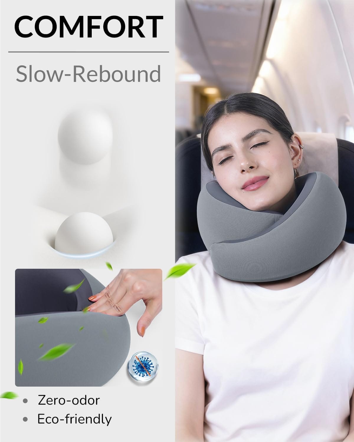 Neck Travel Pillow - Memory Foam Travel Pillow for Airplane, Washable Comfortable Breathable Cover, 360 Degree Support Ergonomic Design Best for Travel, Flight, Train, Sleeping - 4