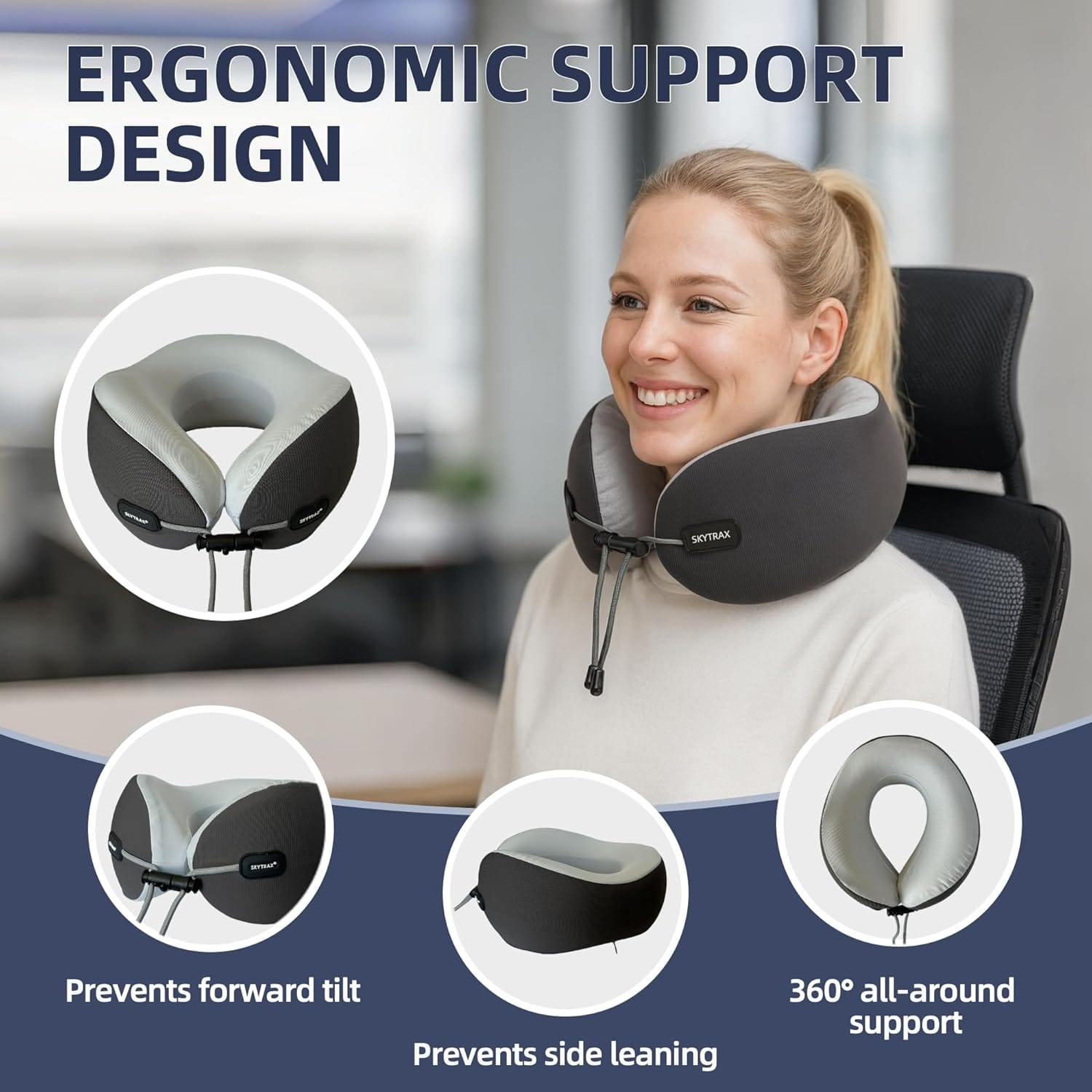 SKYTRAX COMF® Premium Ergonomic Memory Foam Travel Neck Pillow, Washable Cooling Ice Silk Cover, Firm Neck Support for Airplane Long Flights & Pain Relief, with Portable Carry Case - 2