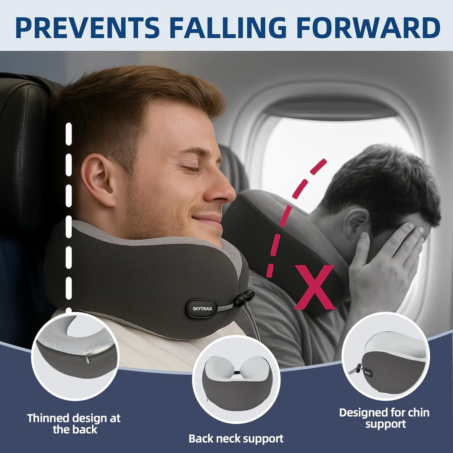 SKYTRAX COMF® Premium Ergonomic Memory Foam Travel Neck Pillow, Washable Cooling Ice Silk Cover, Firm Neck Support for Airplane Long Flights & Pain Relief, with Portable Carry Case - 4