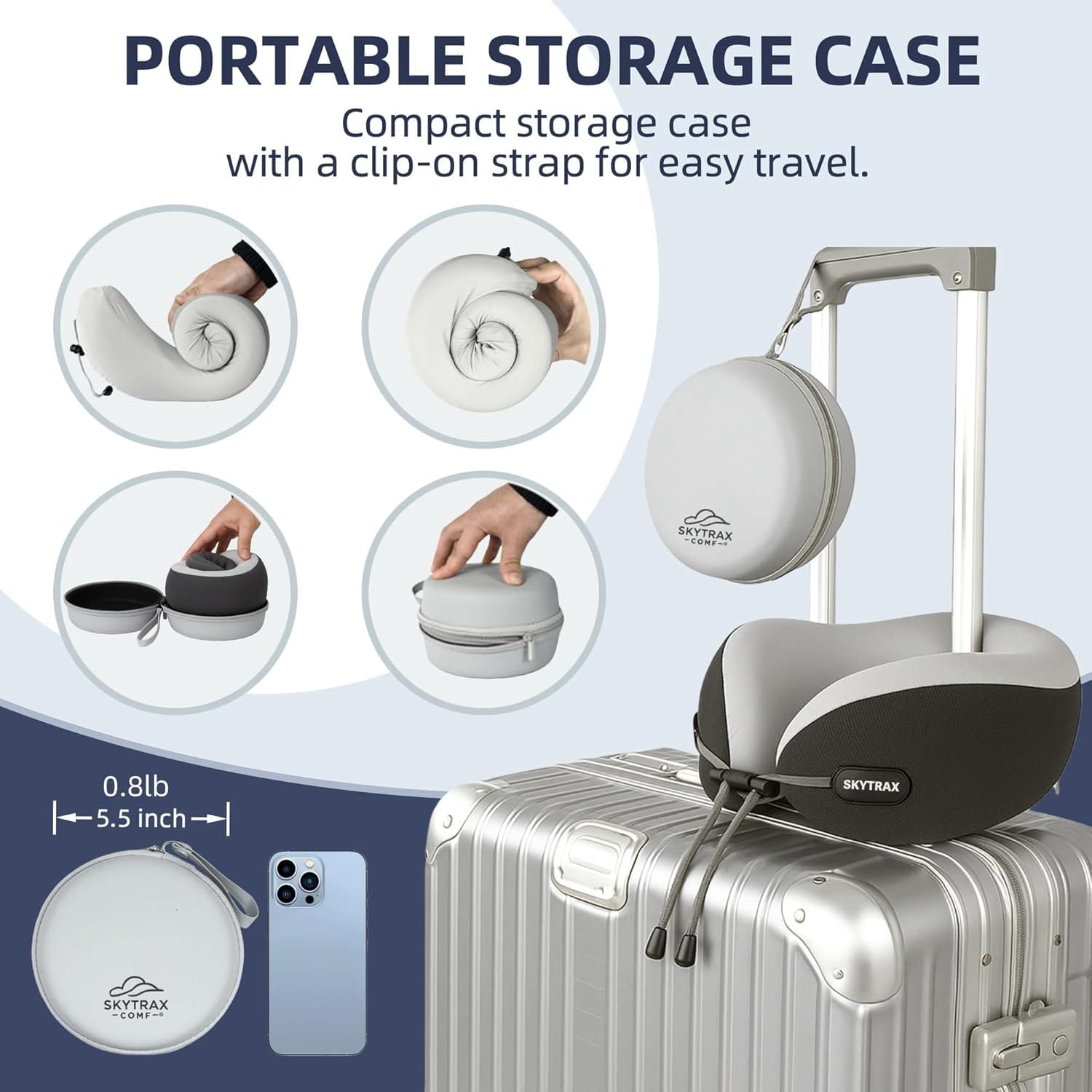 SKYTRAX COMF® Premium Ergonomic Memory Foam Travel Neck Pillow, Washable Cooling Ice Silk Cover, Firm Neck Support for Airplane Long Flights & Pain Relief, with Portable Carry Case - 5
