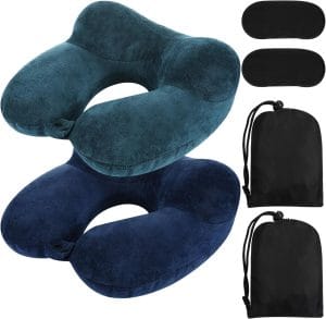 Sintuff 2 Pack Inflatable Travel Pillow for Airplanes Inflatable Neck Flight Pillows with Compact Bag and Blindfold for Traveling, Airplane, Train, Car, Office - 1