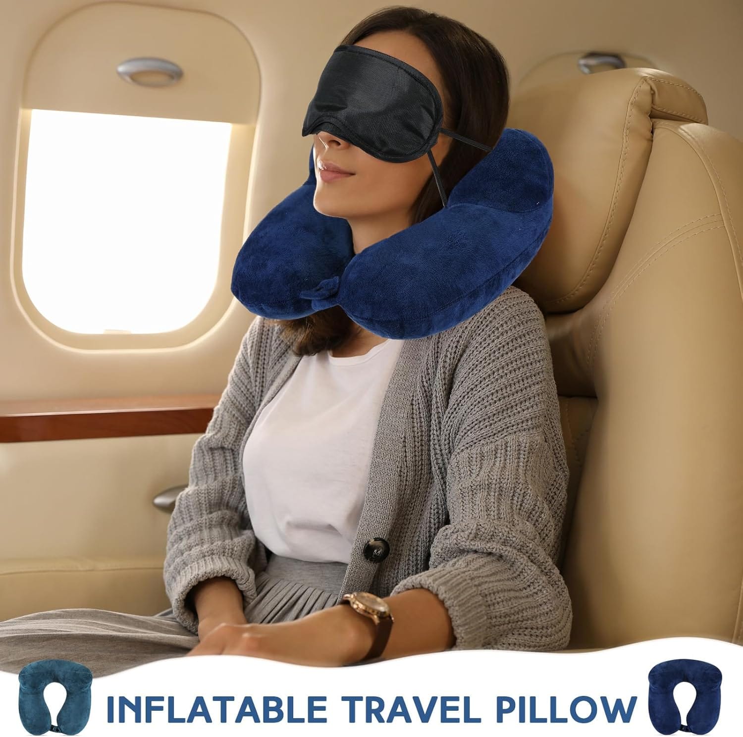 Sintuff 2 Pack Inflatable Travel Pillow for Airplanes Inflatable Neck Flight Pillows with Compact Bag and Blindfold for Traveling, Airplane, Train, Car, Office - 4