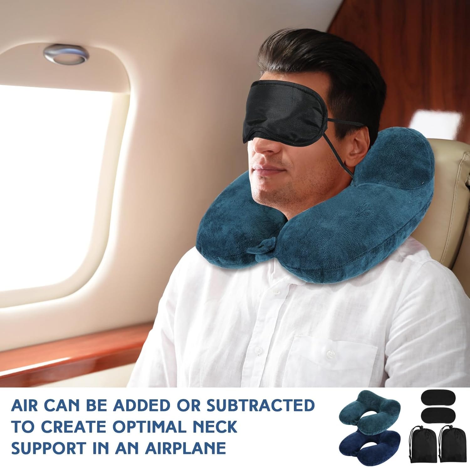 Sintuff 2 Pack Inflatable Travel Pillow for Airplanes Inflatable Neck Flight Pillows with Compact Bag and Blindfold for Traveling, Airplane, Train, Car, Office - 6