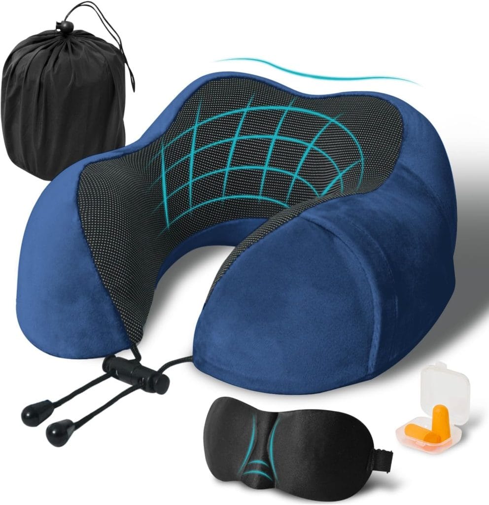 Travel Pillow, Memory Foam Neck Pillow for Traveling, U Shape Neck Pillow Airplane Portable Flight Pillow Travel Kit with 5D Contoured Eye Masks and Earplug for Plane Train Car Home Office – Blue