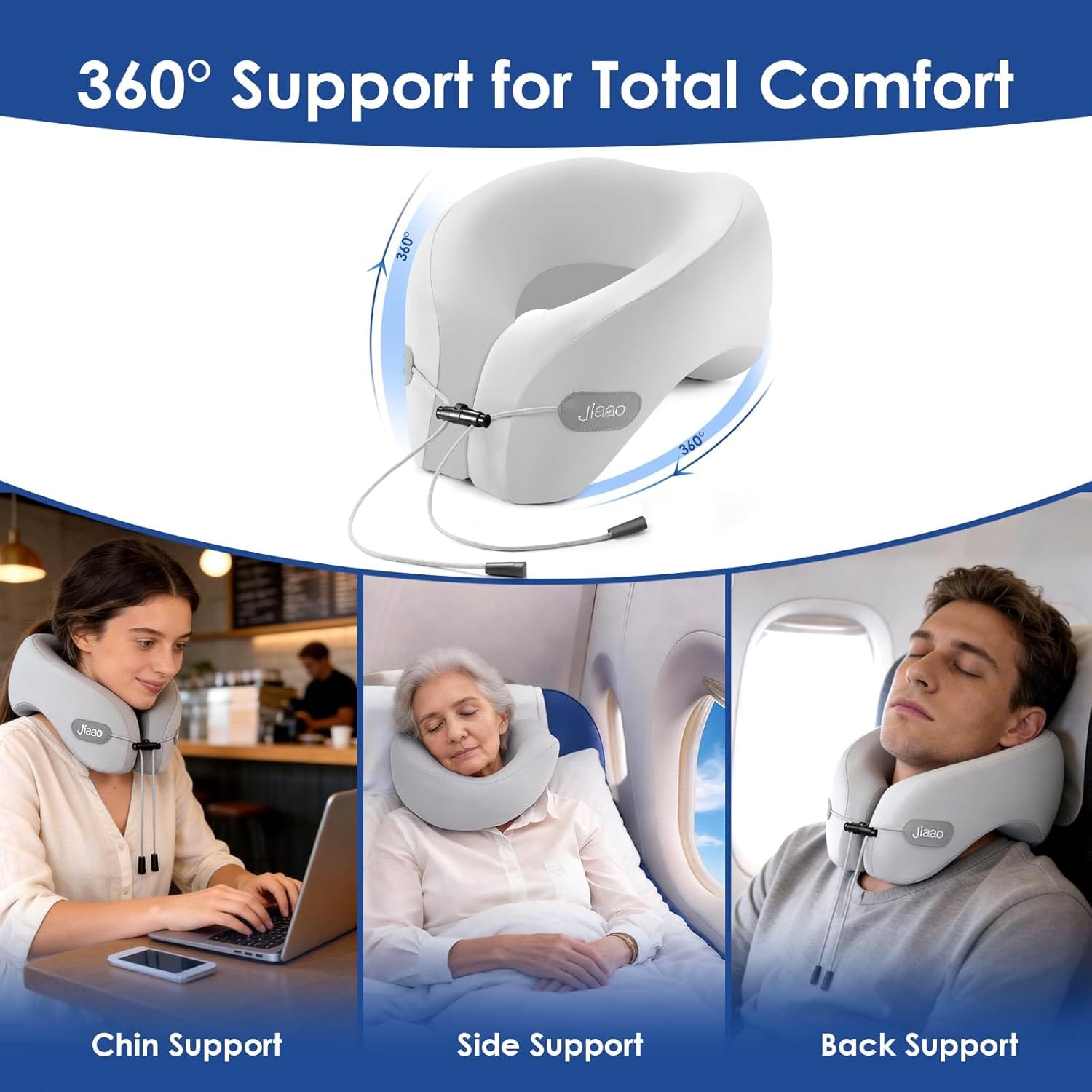 jiaao Travel Pillow Memory Foam Neck Pillow for Airplanes with Adjustable Drawstring Support, Gray Travel Neck Pillow for Flights, Road Trips, Trains & Everyday Travel - Image 5