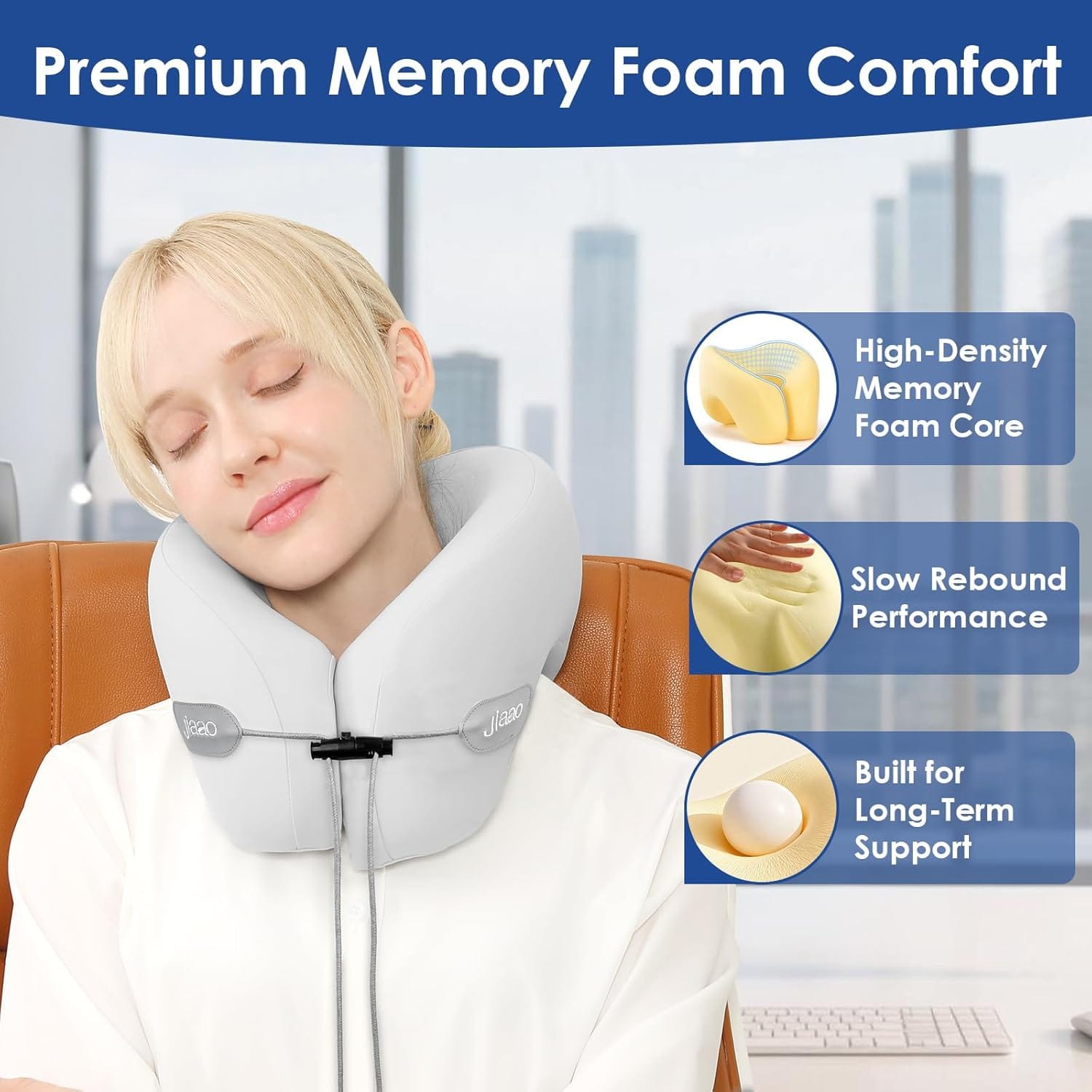 jiaao Travel Pillow Memory Foam Neck Pillow for Airplanes with Adjustable Drawstring Support, Gray Travel Neck Pillow for Flights, Road Trips, Trains & Everyday Travel - 3