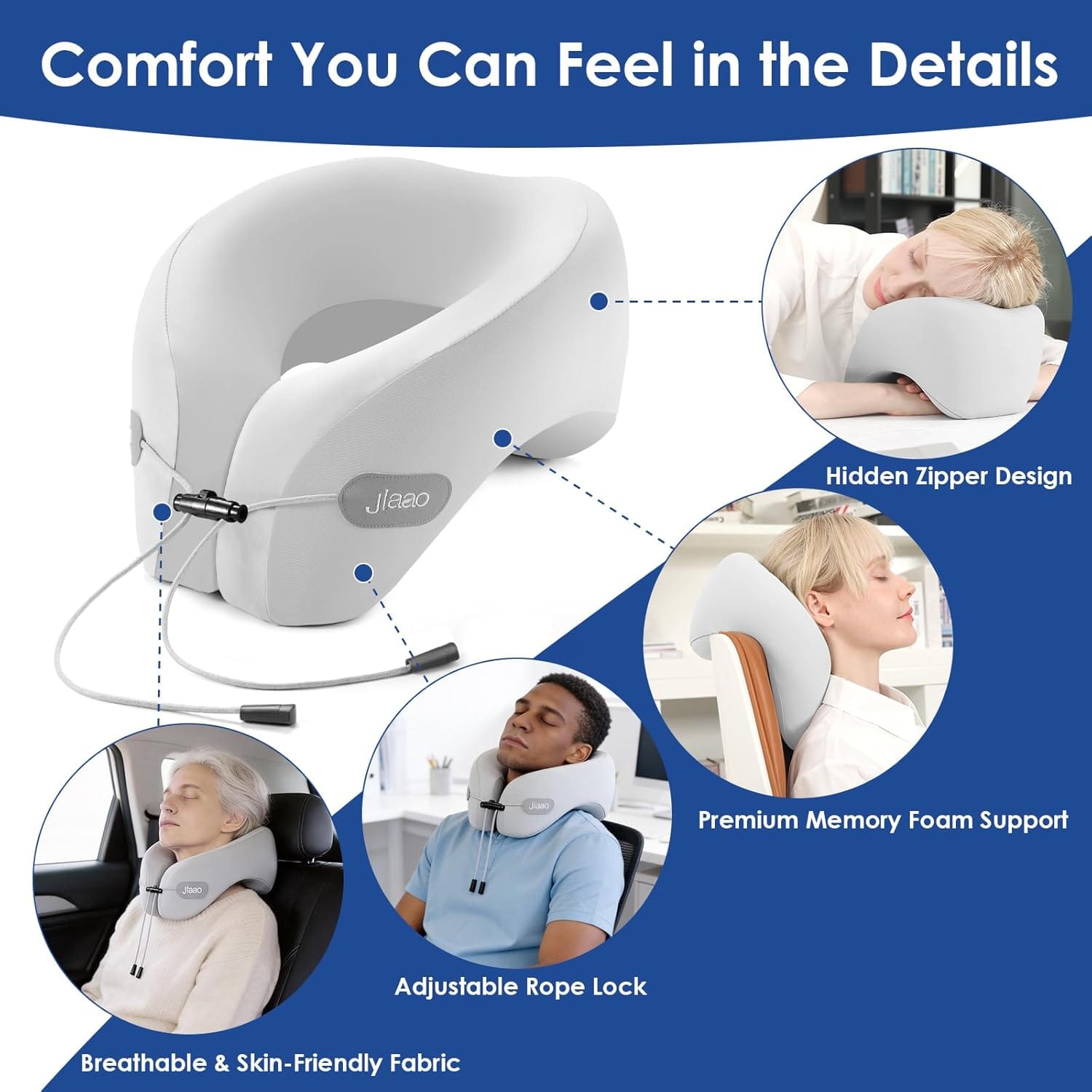 jiaao Travel Pillow Memory Foam Neck Pillow for Airplanes with Adjustable Drawstring Support, Gray Travel Neck Pillow for Flights, Road Trips, Trains & Everyday Travel - 4