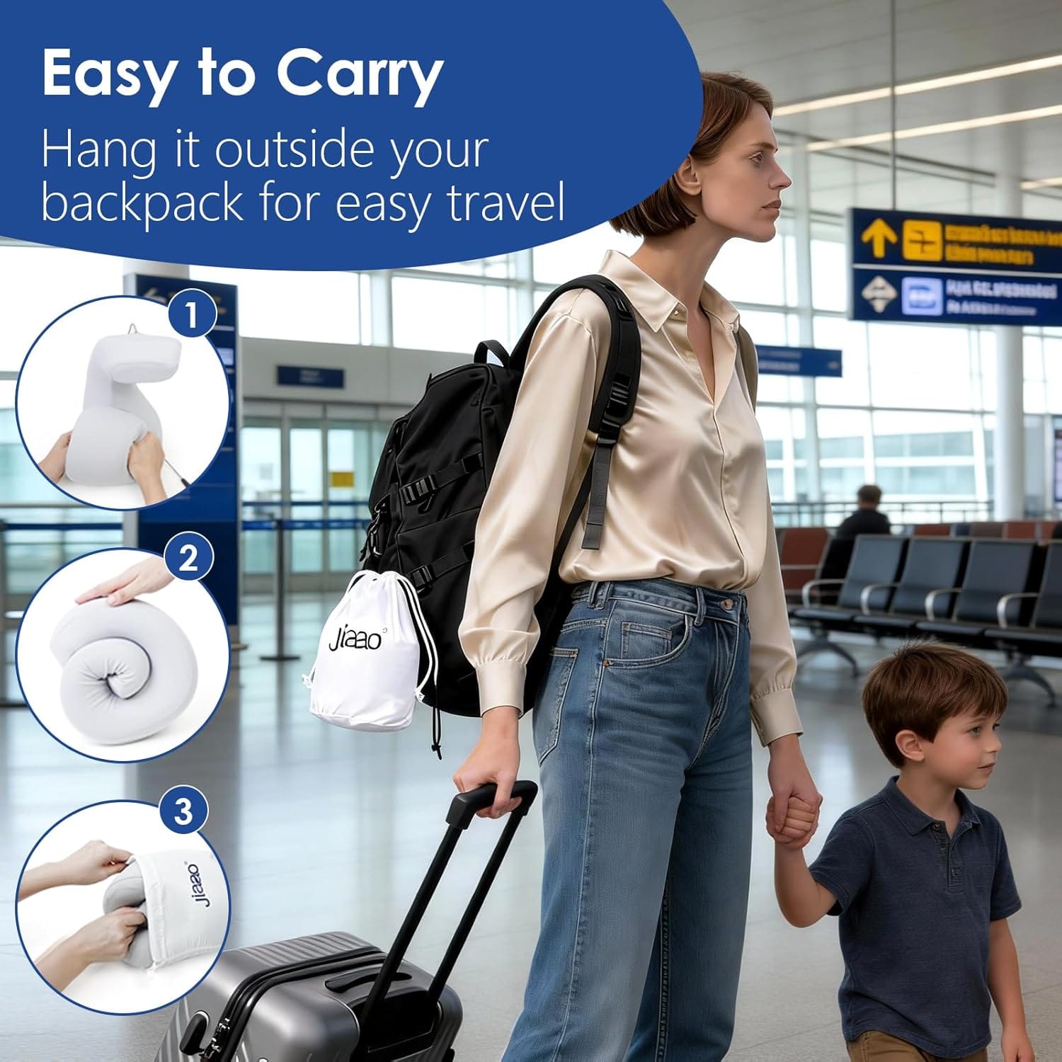 jiaao Travel Pillow Memory Foam Neck Pillow for Airplanes with Adjustable Drawstring Support, Gray Travel Neck Pillow for Flights, Road Trips, Trains & Everyday Travel - 5