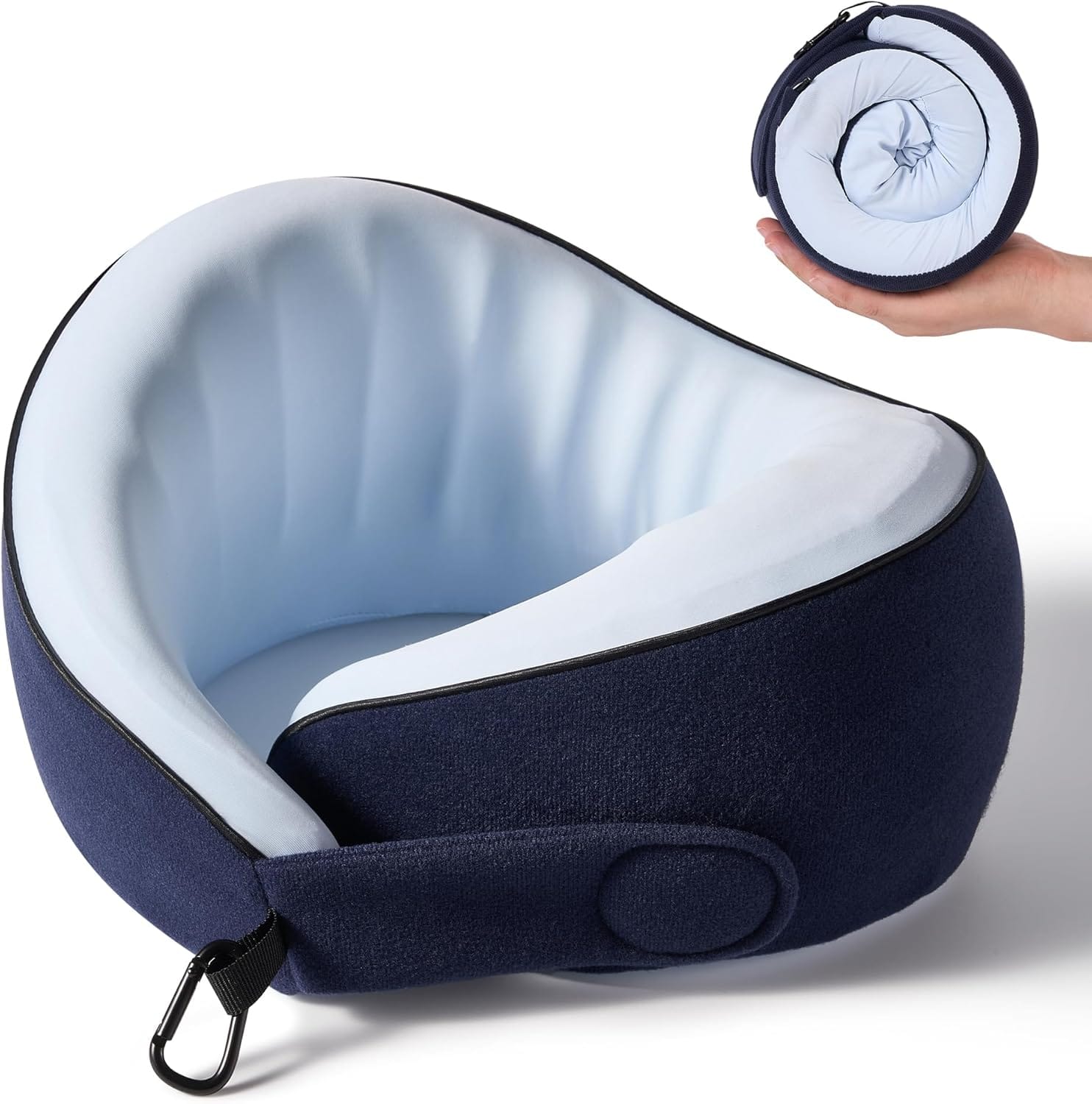 KPNEOL Travel Pillow, 100% Pure Memory Foam Travel Neck Pillow Airplane Neck Support Ergonomic Design for Traveling Suitable for Airplanes,Offices and Cars-Cooling Silk Blue - 1