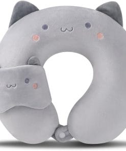 Kids Neck Pillow for Travel with Sleep Eye Mask, Cute Travel Neck Pillow, Memory Foam Flight Sleeping Headrest Pillow for Boys & Girls, Airplane, Train, Car, Home Use - Grey Cat - 1