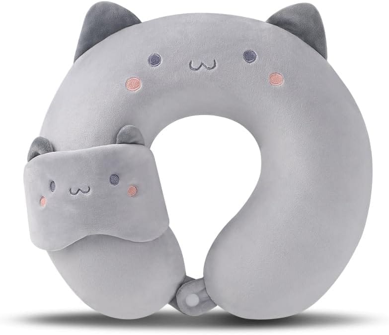 Kids Neck Pillow for Travel with Sleep Eye Mask, Cute Travel Neck Pillow, Memory Foam Flight Sleeping Headrest Pillow for Boys & Girls, Airplane, Train, Car, Home Use - Grey Cat - 1