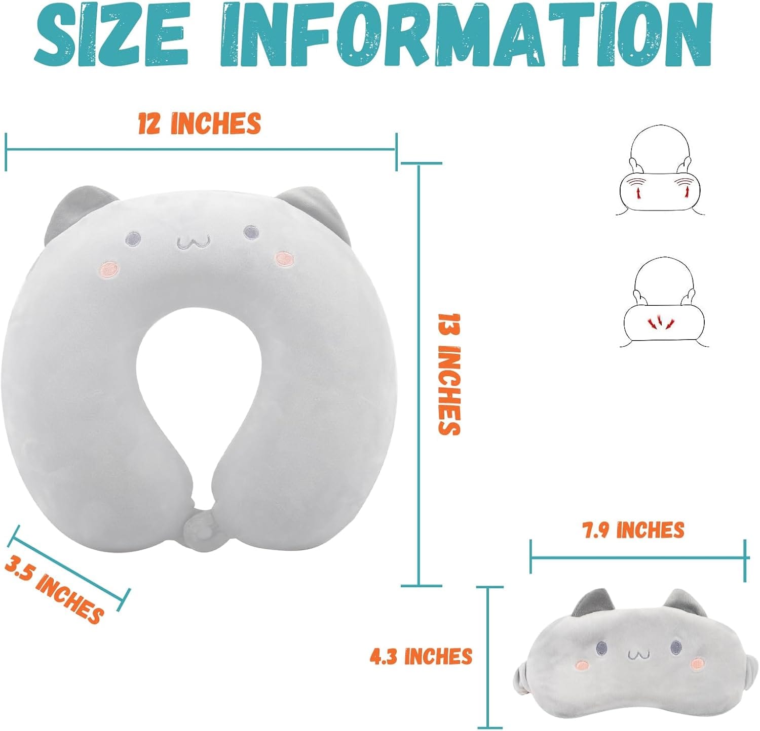 Kids Neck Pillow for Travel with Sleep Eye Mask, Cute Travel Neck Pillow, Memory Foam Flight Sleeping Headrest Pillow for Boys & Girls, Airplane, Train, Car, Home Use - Grey Cat - Image 3