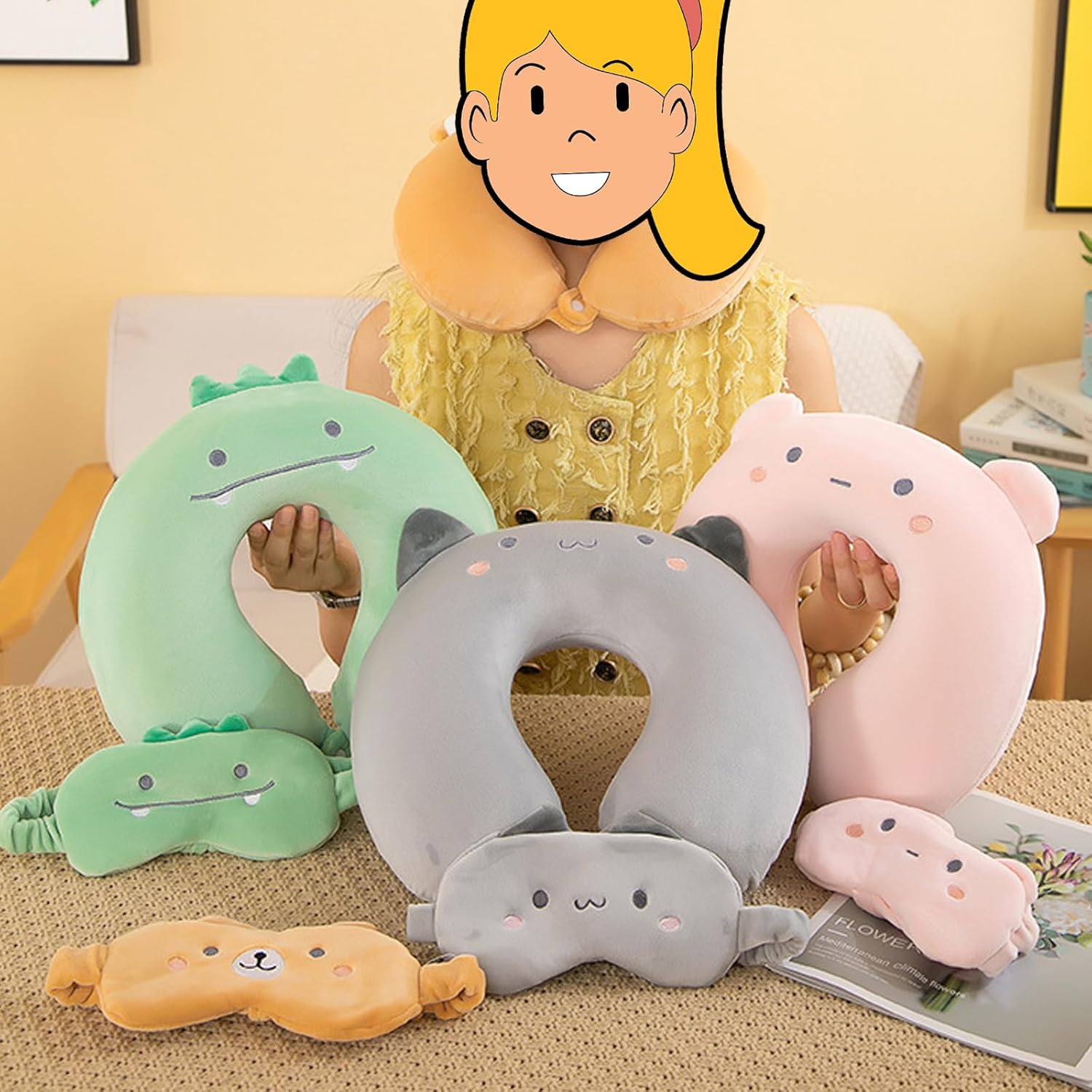 Kids Neck Pillow for Travel with Sleep Eye Mask, Cute Travel Neck Pillow, Memory Foam Flight Sleeping Headrest Pillow for Boys & Girls, Airplane, Train, Car, Home Use - Grey Cat - Image 5