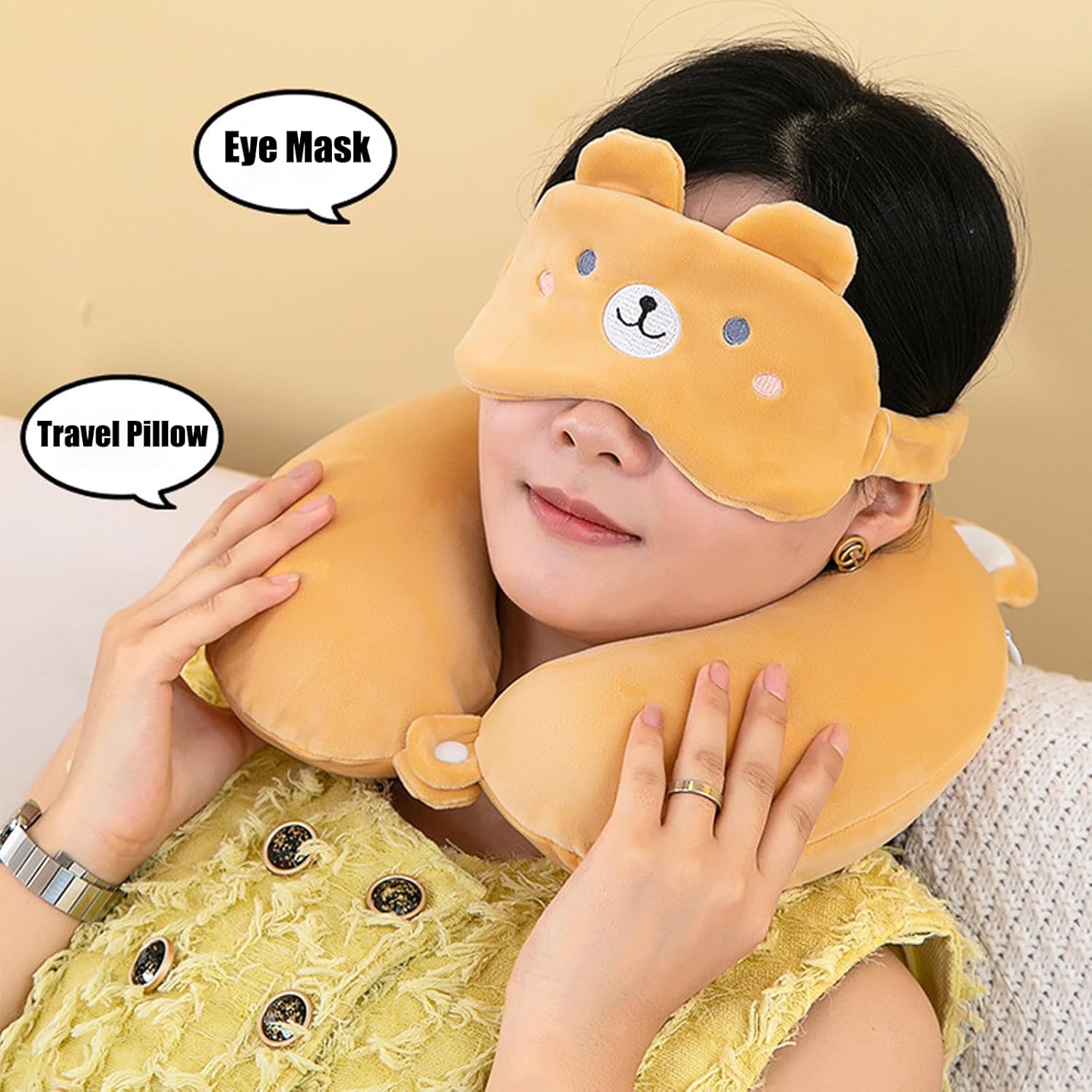 Kids Neck Pillow for Travel with Sleep Eye Mask, Cute Travel Neck Pillow, Memory Foam Flight Sleeping Headrest Pillow for Boys & Girls, Airplane, Train, Car, Home Use - Grey Cat - Image 6