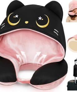 Mewaii Travel Neck Pillow with Hood for Airplanes,Memory Foam,Breathable Ice Silk & Soft Velvet,Double-Sided,Removable to Clean,Adjustable Strap,Portable Travel Pillow for Long Flights - 1
