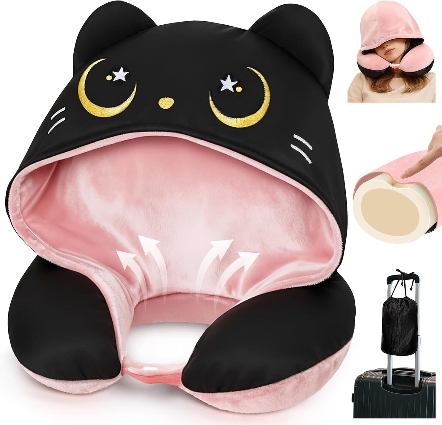 Mewaii Travel Neck Pillow with Hood for Airplanes,Memory Foam,Breathable Ice Silk & Soft Velvet,Double-Sided,Removable to Clean,Adjustable Strap,Portable Travel Pillow for Long Flights - 1