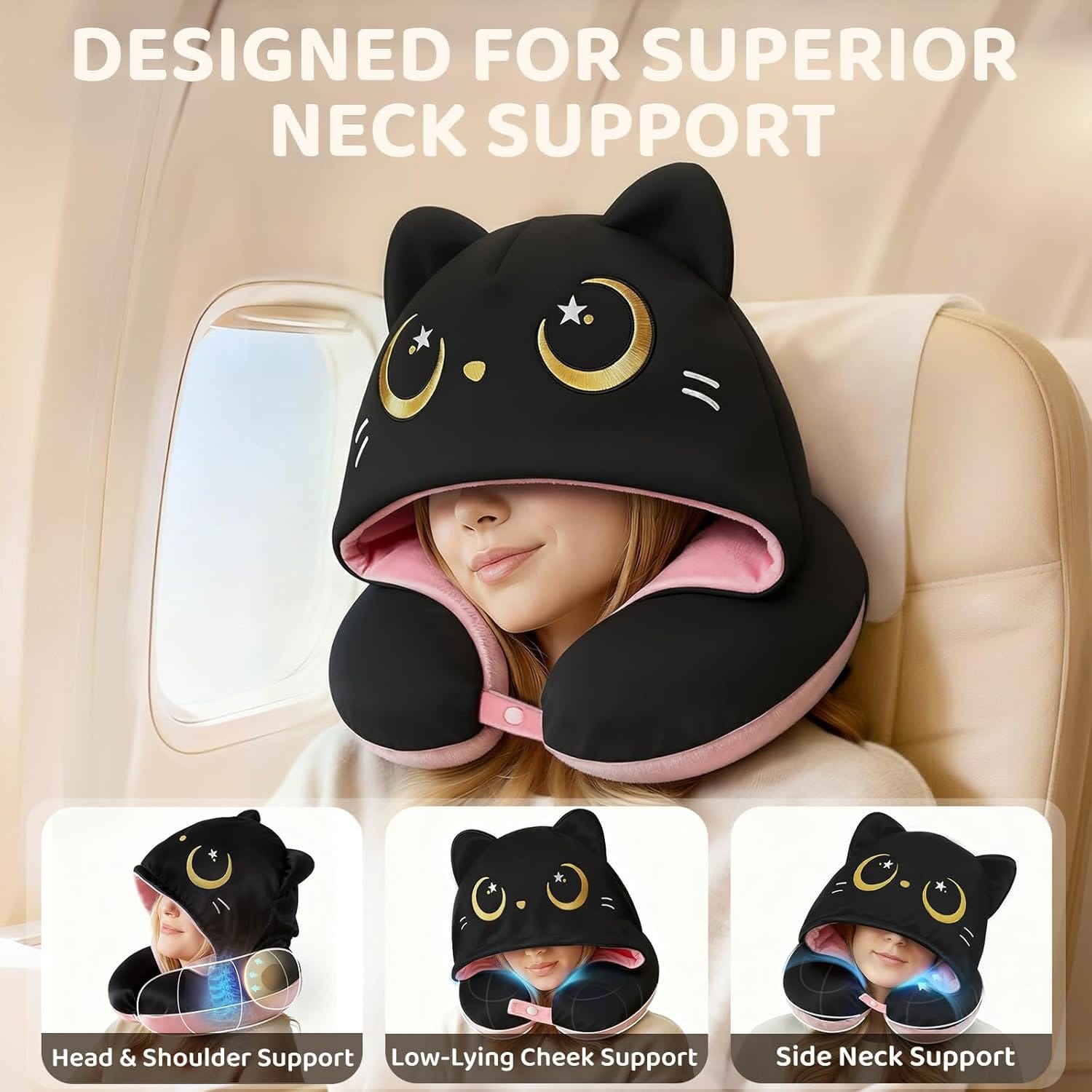 Mewaii Travel Neck Pillow with Hood for Airplanes,Memory Foam,Breathable Ice Silk & Soft Velvet,Double-Sided,Removable to Clean,Adjustable Strap,Portable Travel Pillow for Long Flights Adults & Teens - Image 3