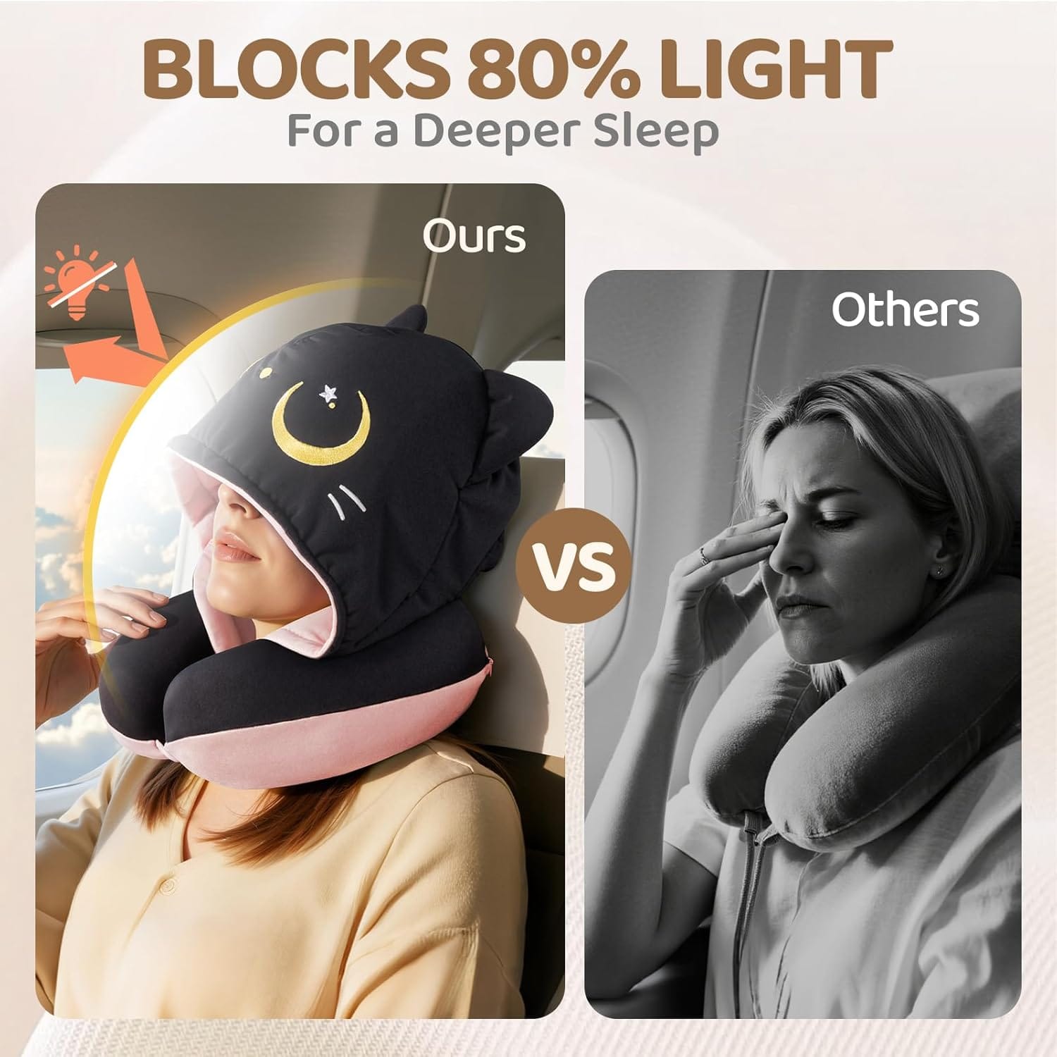 Mewaii Travel Neck Pillow with Hood for Airplanes,Memory Foam,Breathable Ice Silk & Soft Velvet,Double-Sided,Removable to Clean,Adjustable Strap,Portable Travel Pillow for Long Flights Adults & Teens - Image 4