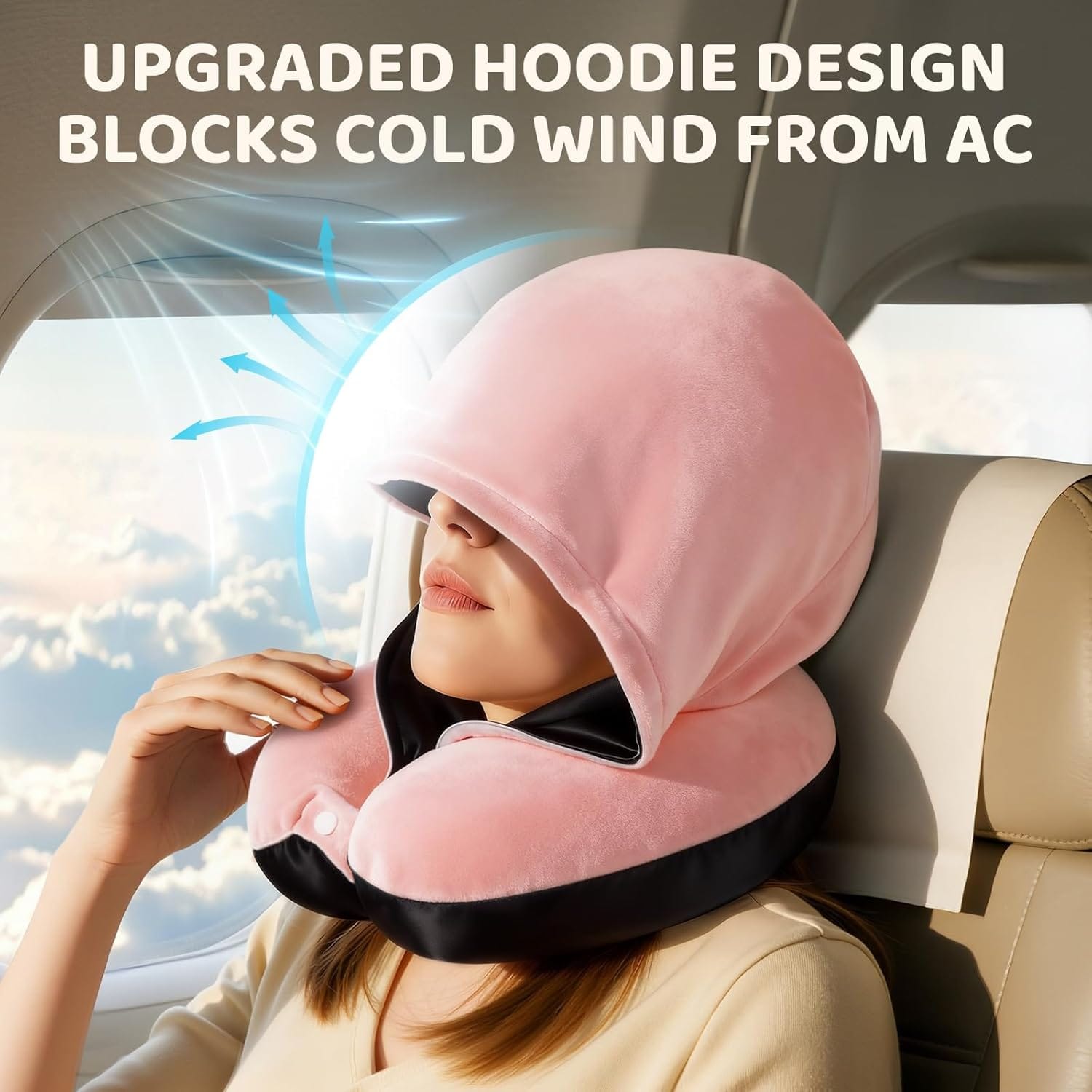 Mewaii Travel Neck Pillow with Hood for Airplanes,Memory Foam,Breathable Ice Silk & Soft Velvet,Double-Sided,Removable to Clean,Adjustable Strap,Portable Travel Pillow for Long Flights Adults & Teens - Image 5