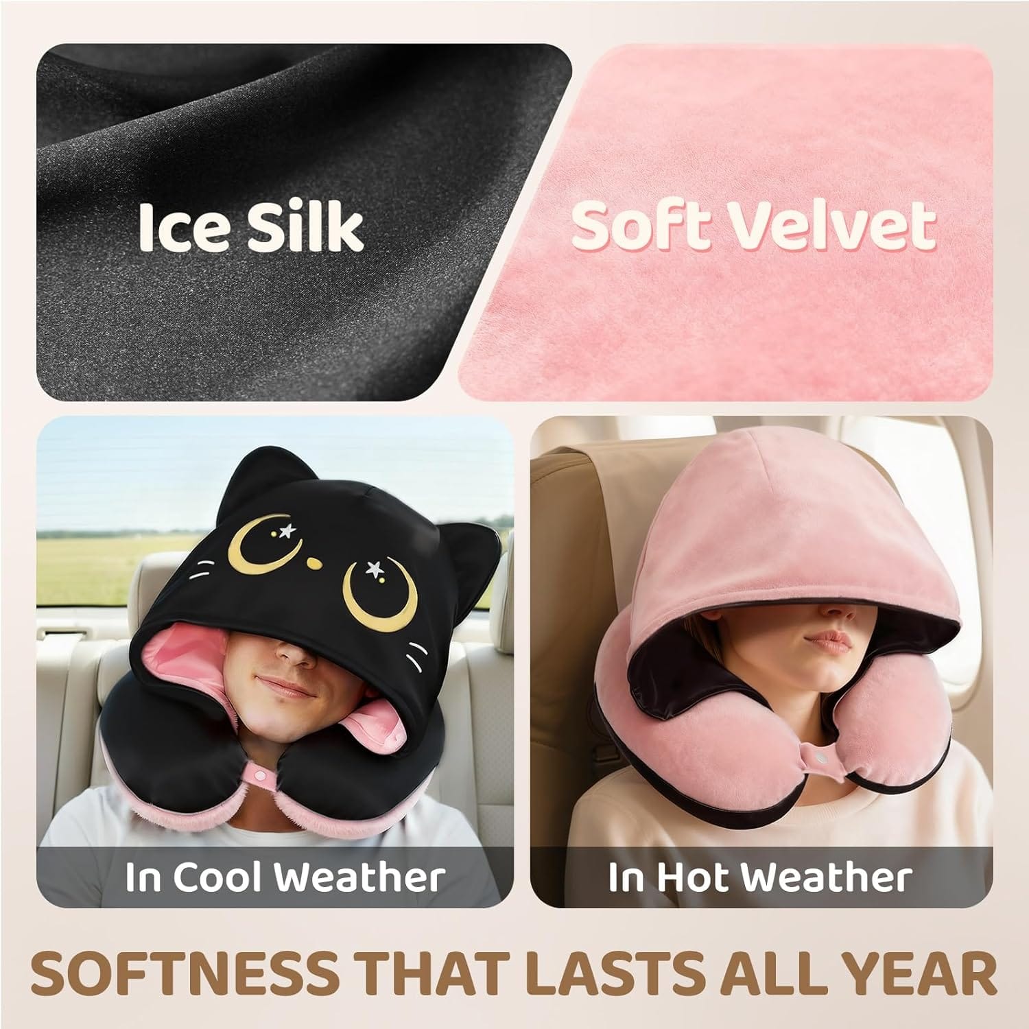Mewaii Travel Neck Pillow with Hood for Airplanes,Memory Foam,Breathable Ice Silk & Soft Velvet,Double-Sided,Removable to Clean,Adjustable Strap,Portable Travel Pillow for Long Flights Adults & Teens - Image 6