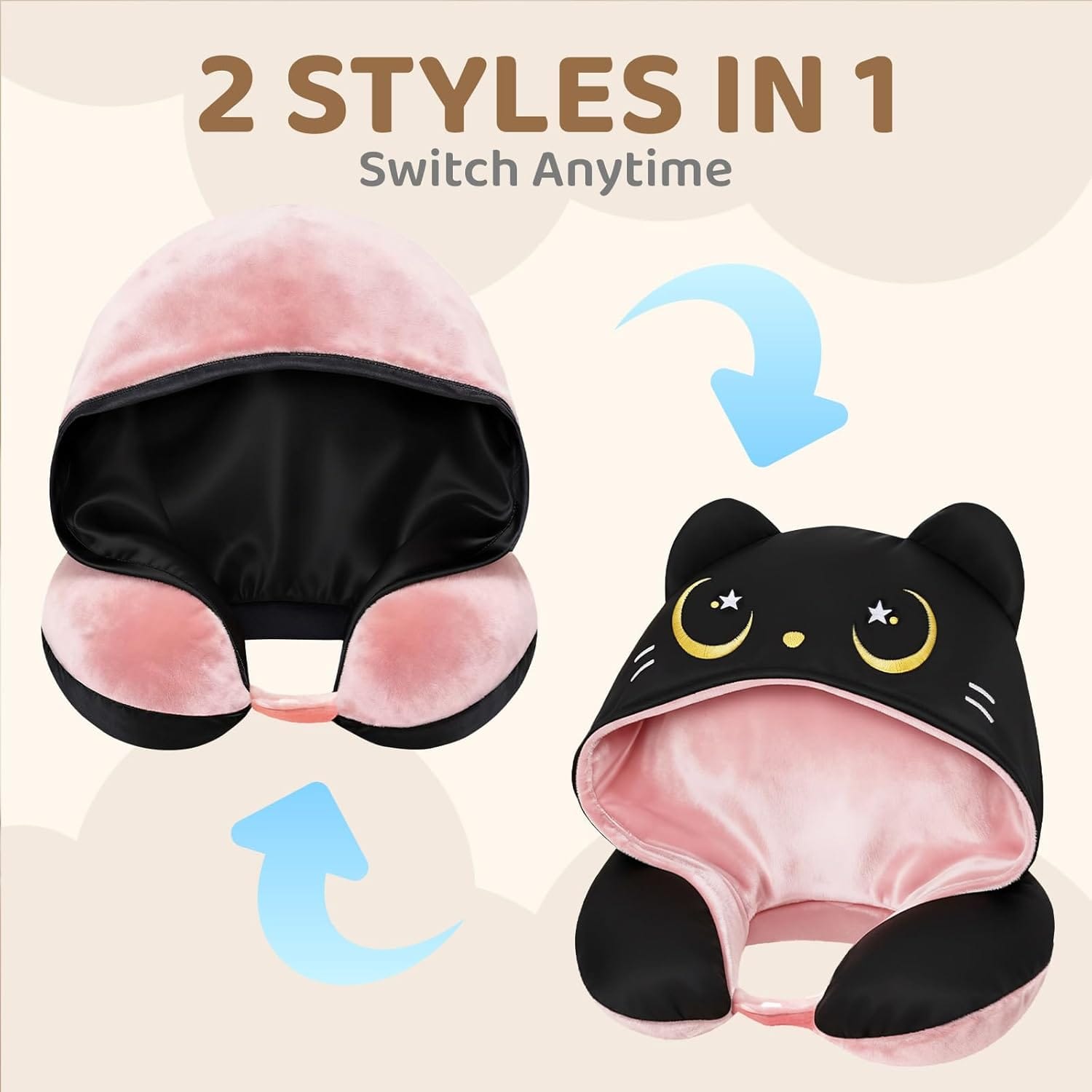 Mewaii Travel Neck Pillow with Hood for Airplanes,Memory Foam,Breathable Ice Silk & Soft Velvet,Double-Sided,Removable to Clean,Adjustable Strap,Portable Travel Pillow for Long Flights Adults & Teens - Image 7