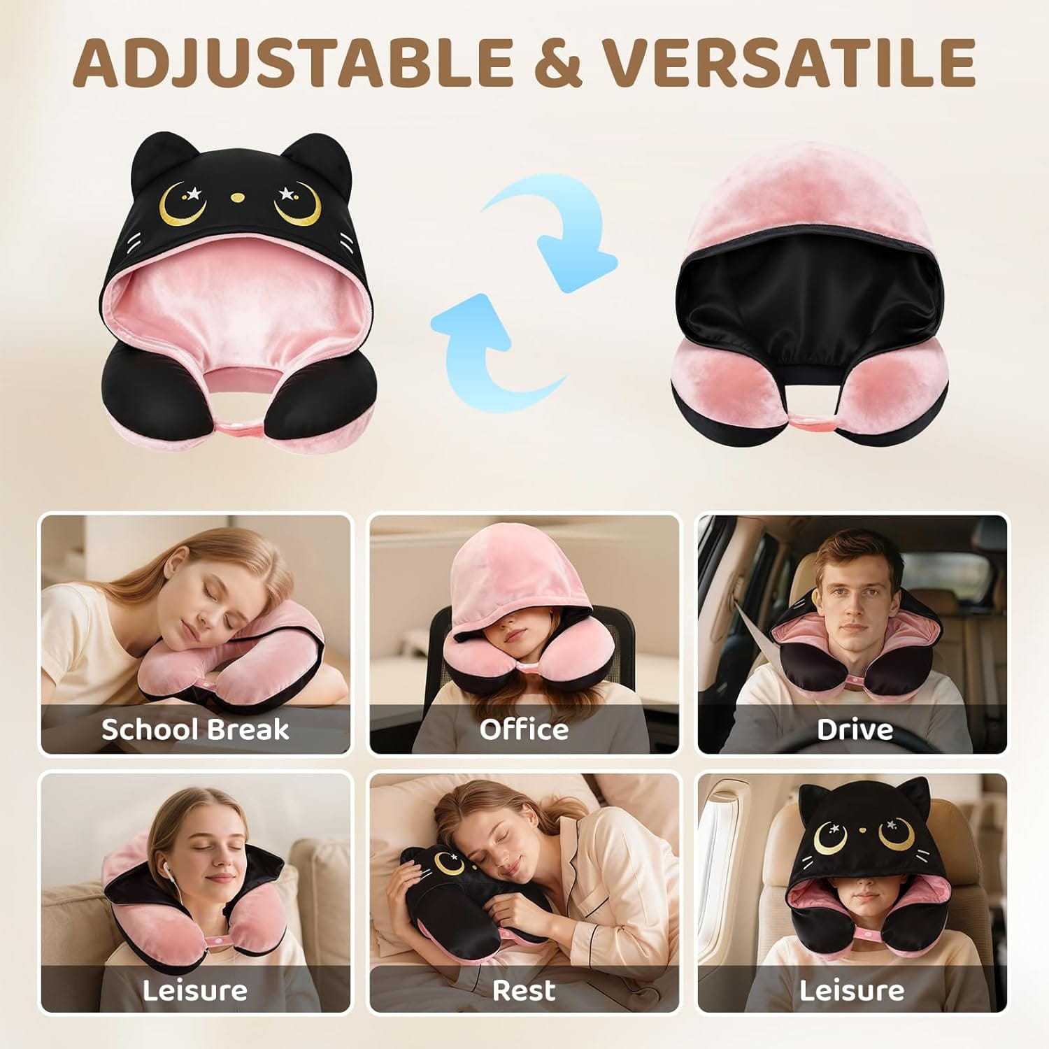 Mewaii Travel Neck Pillow with Hood for Airplanes,Memory Foam,Breathable Ice Silk & Soft Velvet,Double-Sided,Removable to Clean,Adjustable Strap,Portable Travel Pillow for Long Flights Adults & Teens - Image 2