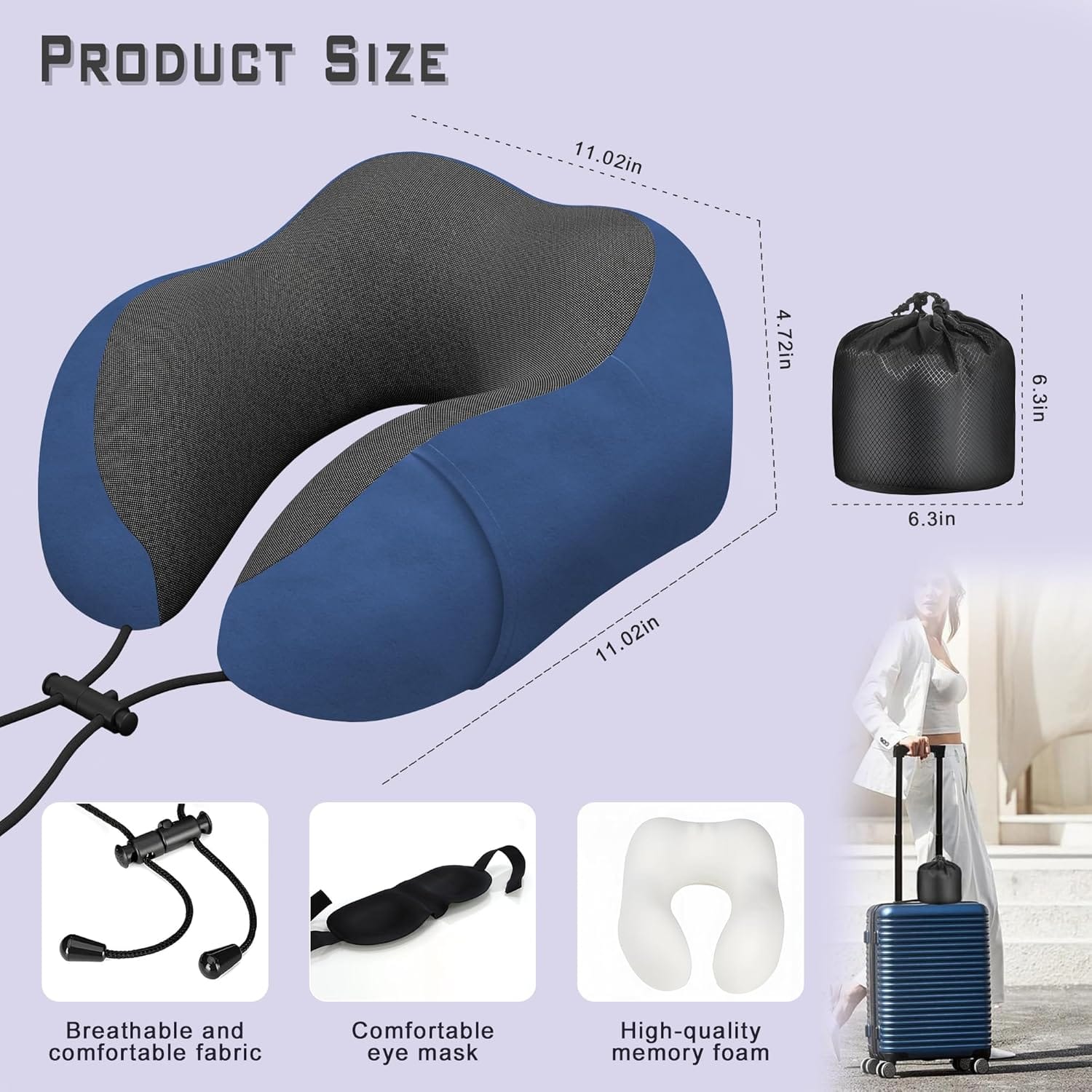 Neck Travel Pillow, Upgraded Memory Foam Pillow for Airplane, Machine Washable, Adjustable Flight Pillow, Suitable for Sleeping Airplane, Car, Office and Home (Dark Blue) - Image 3