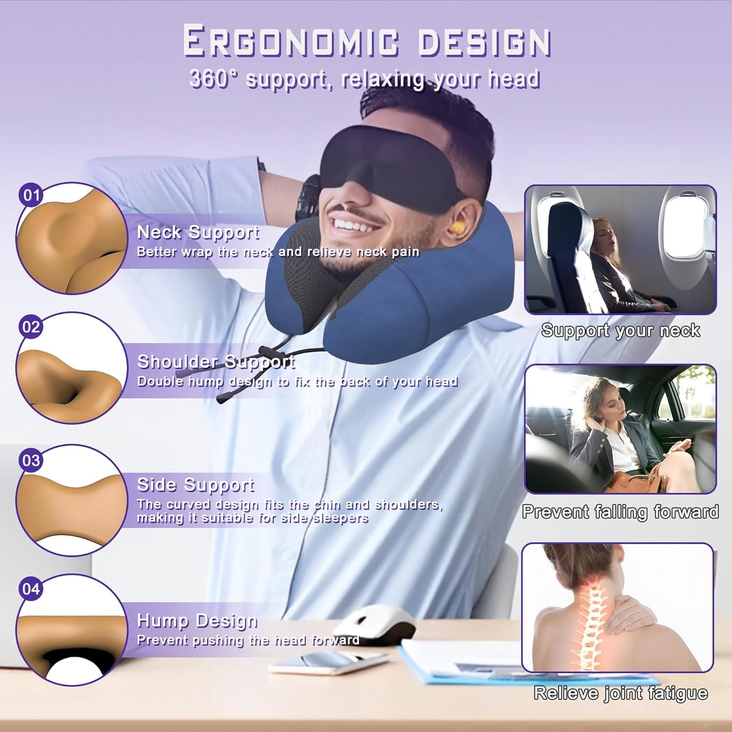 Neck Travel Pillow, Upgraded Memory Foam Pillow for Airplane, Machine Washable, Adjustable Flight Pillow, Suitable for Sleeping Airplane, Car, Office and Home (Dark Blue) - Image 4