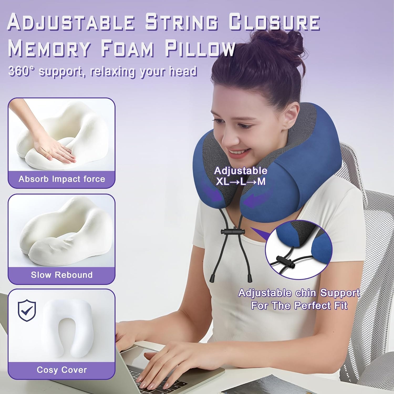 Neck Travel Pillow, Upgraded Memory Foam Pillow for Airplane, Machine Washable, Adjustable Flight Pillow, Suitable for Sleeping Airplane, Car, Office and Home (Dark Blue) - Image 5