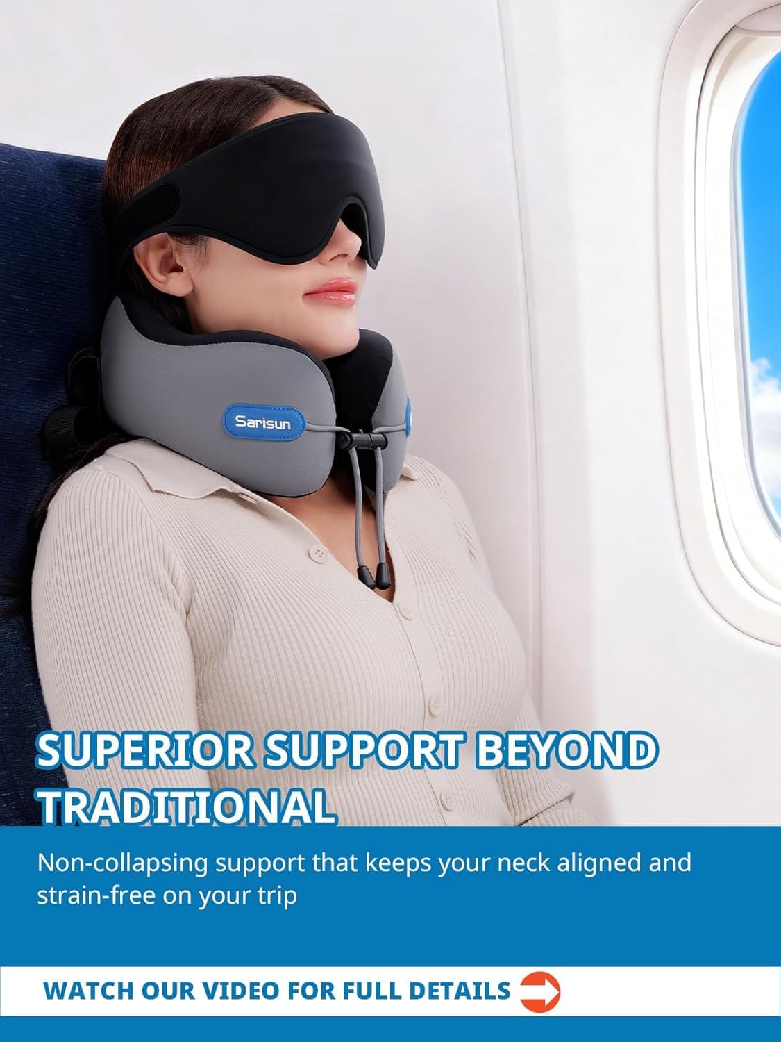 SARISUN Neck Pillow Airplane,Travel Pillow with Strap,Combo 3D Eye Mask for Sleep,Dual-Density Supportive Foam Travel Neck Pillow for Airplane Flights,Car Road Trip Travel Essentials Black - Image 3