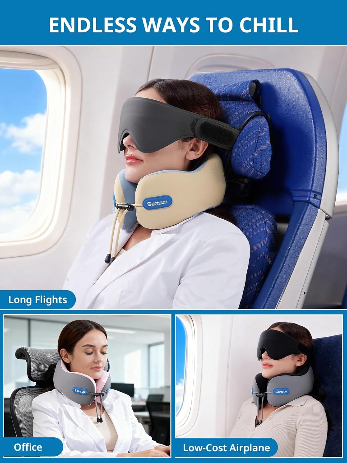 SARISUN Neck Pillow Airplane,Travel Pillow with Strap,Combo 3D Eye Mask for Sleep,Dual-Density Supportive Foam Travel Neck Pillow for Airplane Flights,Car Road Trip Travel Essentials Black - Image 8