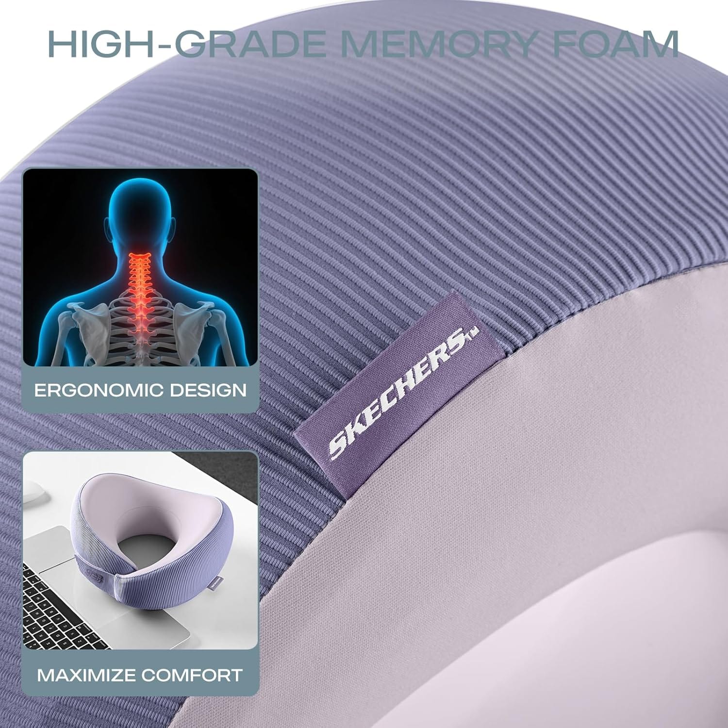 Skechers Women's Memory Foam Neck Pillow, Comfortable & Breathable Travel Pillow,Neck Pillow Airplane for Travel, Car Rides, Home, and Office Use, Ergonomic Design for Men and Women,Purple - Image 2