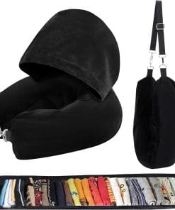 Stuffable Travel Neck Pillow with Hood, Soft Velvet Pillow Stuffable with Clothes, Adjustable Neck Size, Multifunctional Fillable Airplane Travel Neck Pillow for Extra Luggage - 1