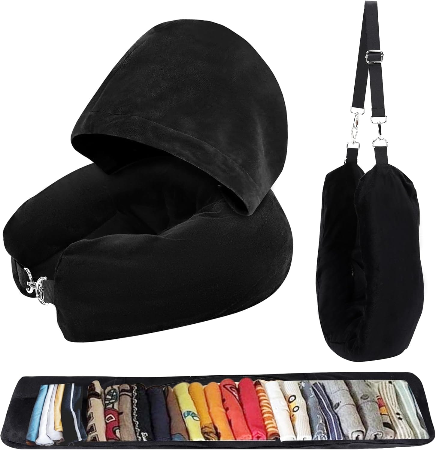 Stuffable Travel Neck Pillow with Hood, Soft Velvet Pillow Stuffable with Clothes, Adjustable Neck Size, Multifunctional Fillable Airplane Travel Neck Pillow for Extra Luggage - 1