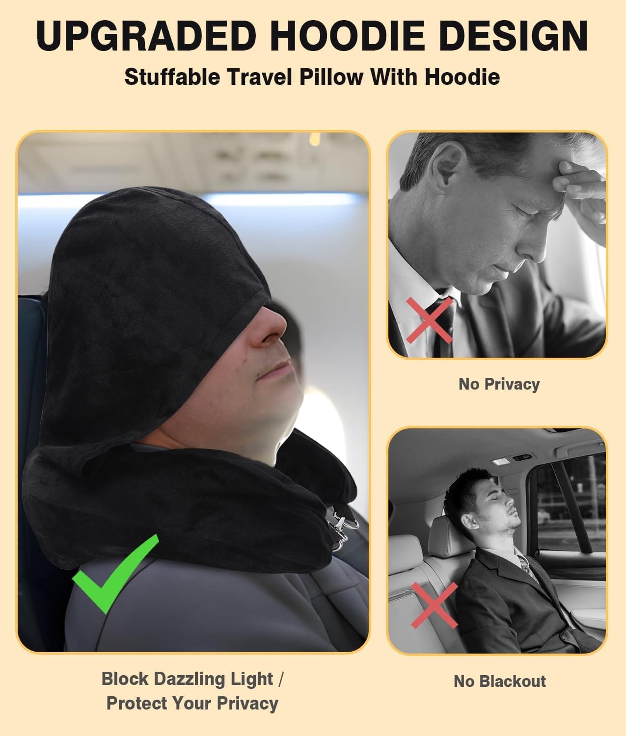 Stuffable Travel Neck Pillow with Hood, Soft Velvet Pillow Stuffable with Clothes, Adjustable Neck Size, Multifunctional Fillable Airplane Travel Neck Pillow for Extra Luggage - Image 3