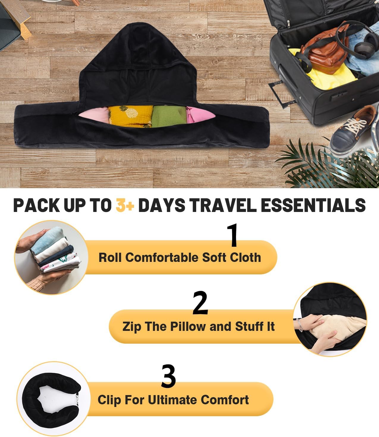Stuffable Travel Neck Pillow with Hood, Soft Velvet Pillow Stuffable with Clothes, Adjustable Neck Size, Multifunctional Fillable Airplane Travel Neck Pillow for Extra Luggage - Image 4