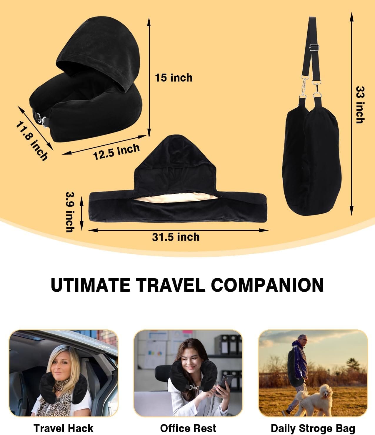 Stuffable Travel Neck Pillow with Hood, Soft Velvet Pillow Stuffable with Clothes, Adjustable Neck Size, Multifunctional Fillable Airplane Travel Neck Pillow for Extra Luggage - Image 2