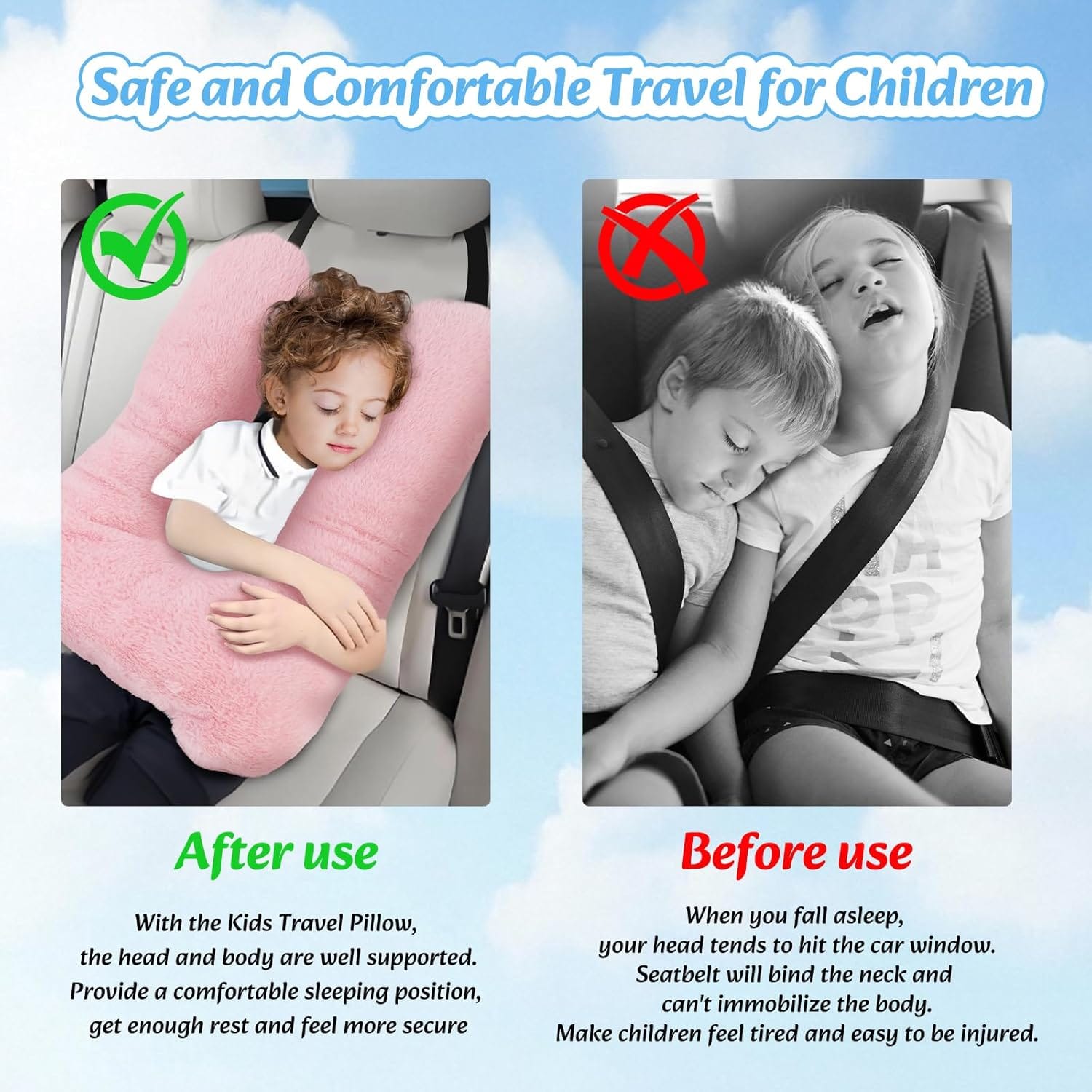 Swemos Travel Pillow, Car Pillow for Kids & Adults - Ergonomic Travel Pillows Sleeping Aid for Neck & Body Support, Car Travel Essentials Pillow on Road Trips-Pink - Image 3