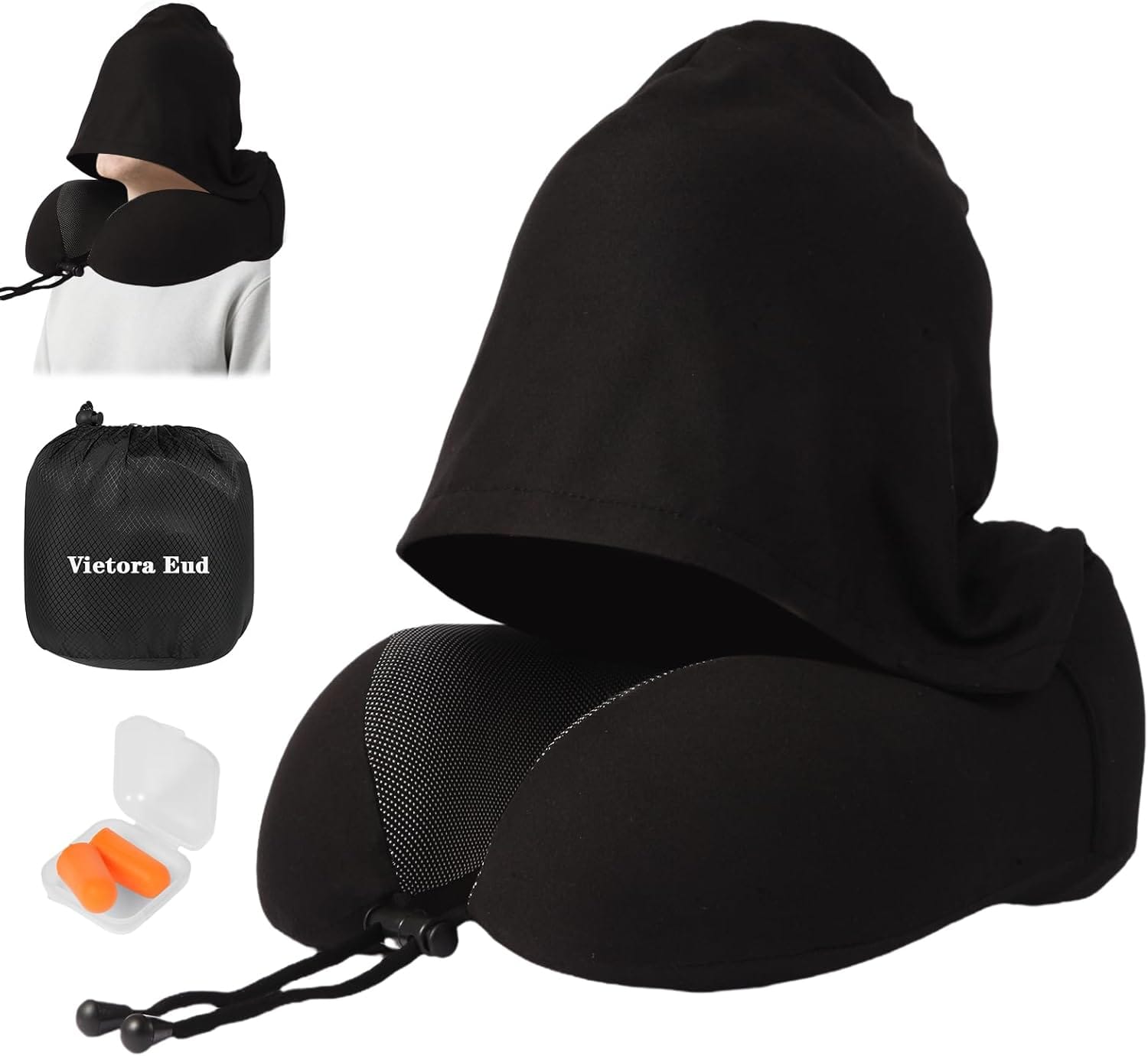 Travel Neck Pillow with 100% Light-Blocking Hood – Ergonomic Memory Foam Support Pillow for Airplane, Long Flights, Road Trips, Office and Car, Full Head and Neck Support - 1