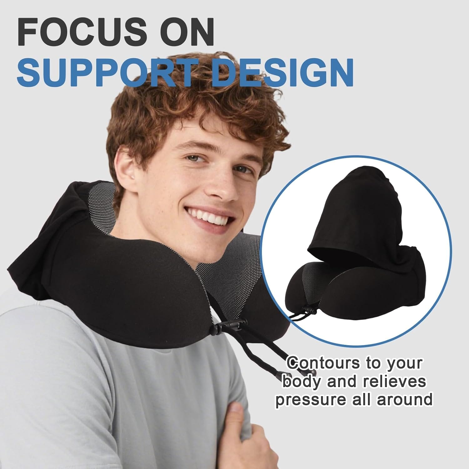 Travel Neck Pillow with 100% Light-Blocking Hood – Ergonomic Memory Foam Support Pillow for Airplane, Long Flights, Road Trips, Office and Car, Full Head and Neck Support with Skin-Friendly Cover - Image 5