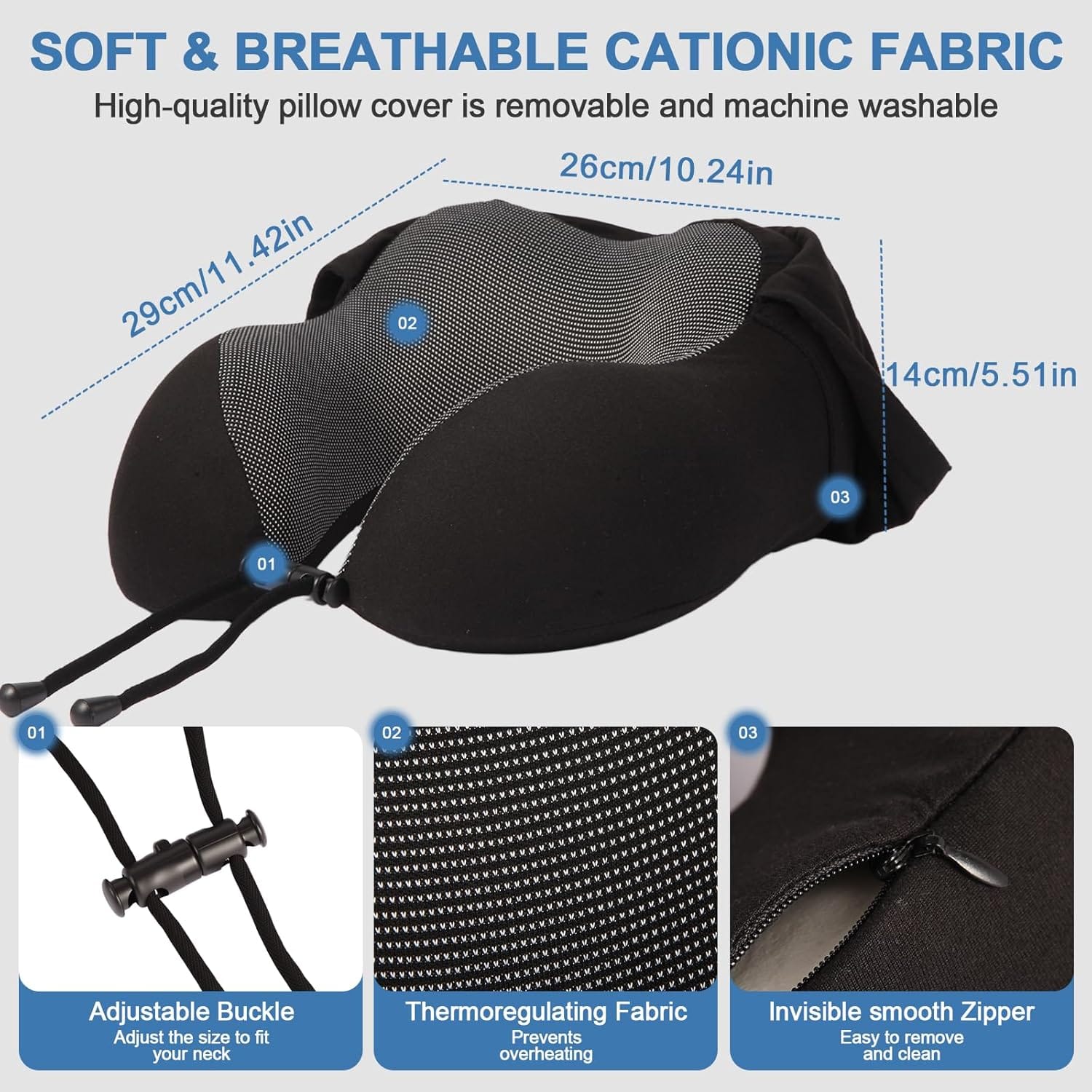 Travel Neck Pillow with 100% Light-Blocking Hood – Ergonomic Memory Foam Support Pillow for Airplane, Long Flights, Road Trips, Office and Car, Full Head and Neck Support with Skin-Friendly Cover - Image 6