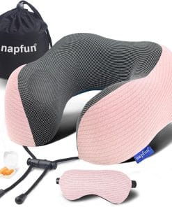 napfun Neck Pillow for Travel with Travel Pouch, Sleep Mask & Earplugs, Memory Foam Airplane Pillow for Headrest Sleep with Eyeshades, Plane Essentials with Eye Blindfold, Pink Striped Kit - 1