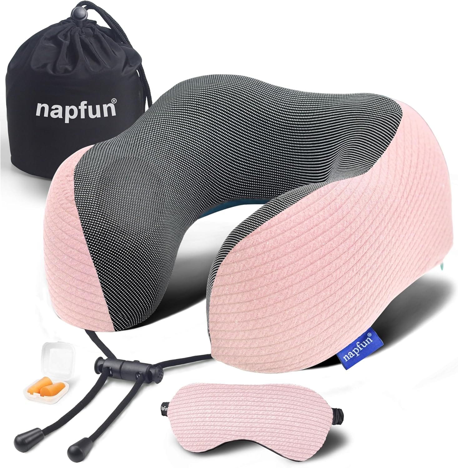 napfun Neck Pillow for Travel with Travel Pouch, Sleep Mask & Earplugs, Memory Foam Airplane Pillow for Headrest Sleep with Eyeshades, Plane Essentials with Eye Blindfold, Pink Striped Kit - 1