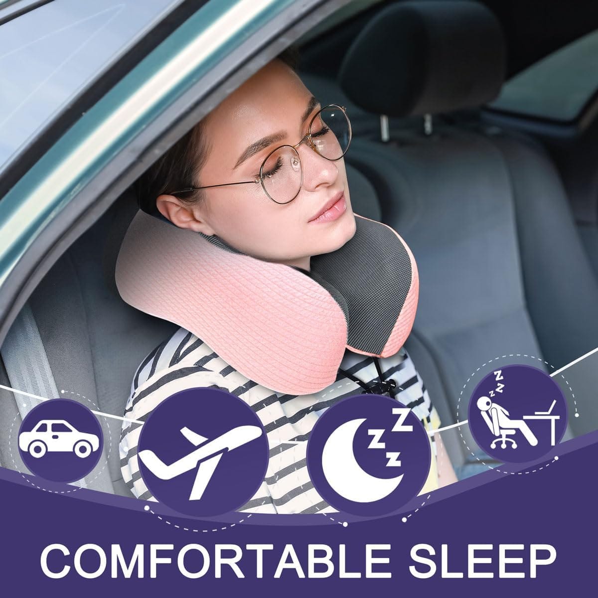 napfun Neck Pillow for Travel with Travel Pouch, Sleep Mask & Earplugs, Memory Foam Airplane Pillow for Headrest Sleep with Eyeshades, Plane Essentials with Eye Blindfold, Pink Striped Kit - Image 3