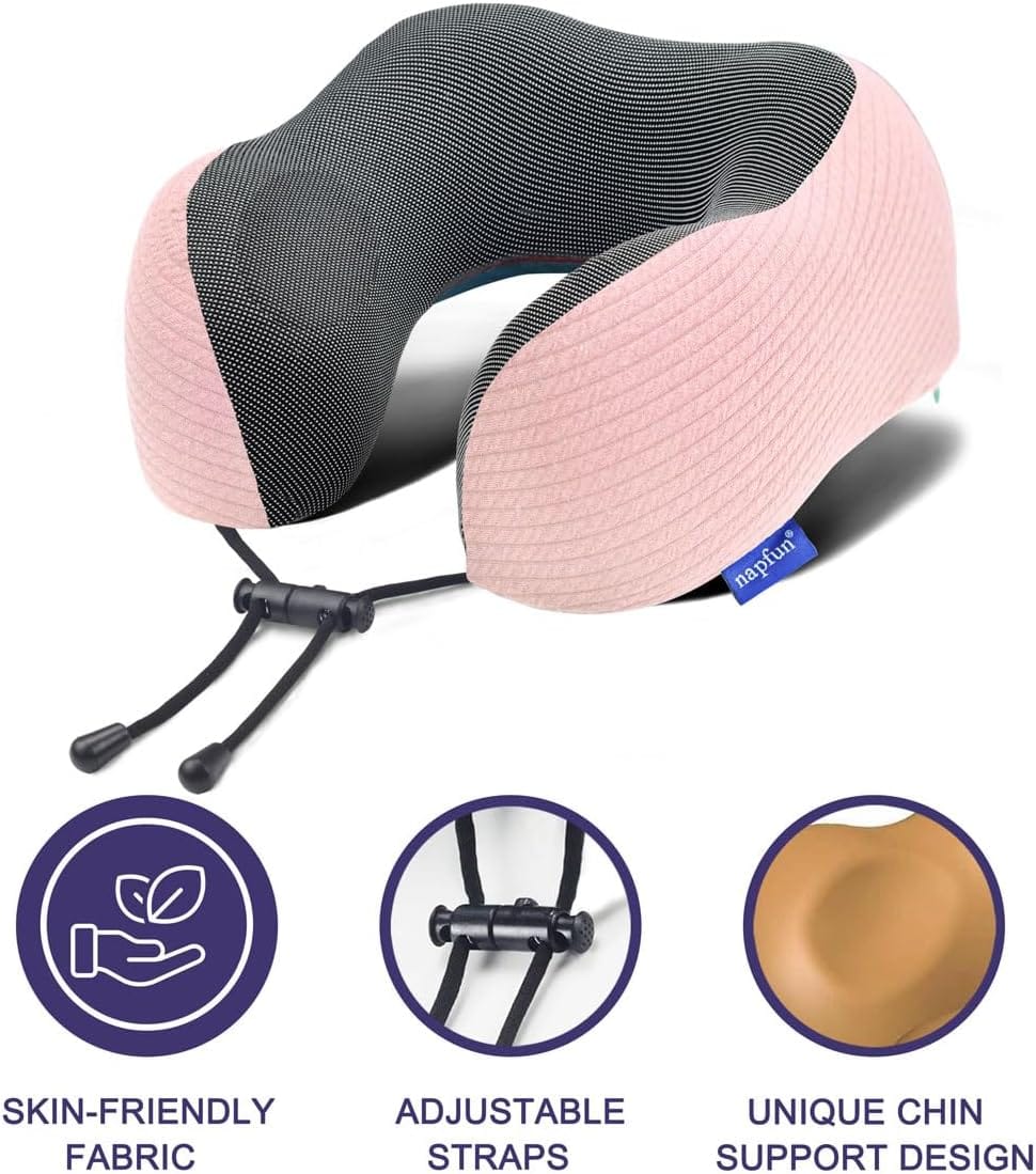 napfun Neck Pillow for Travel with Travel Pouch, Sleep Mask & Earplugs, Memory Foam Airplane Pillow for Headrest Sleep with Eyeshades, Plane Essentials with Eye Blindfold, Pink Striped Kit - Image 4