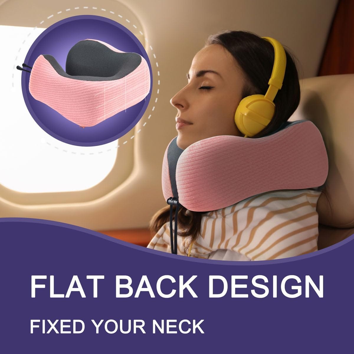 napfun Neck Pillow for Travel with Travel Pouch, Sleep Mask & Earplugs, Memory Foam Airplane Pillow for Headrest Sleep with Eyeshades, Plane Essentials with Eye Blindfold, Pink Striped Kit - Image 5