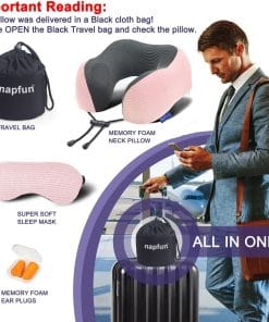 Alternative view of napfun Neck Pillow for Travel with Travel Pouch, Sleep Mask & Earplugs, Memory Foam Airplane Pillow for Headrest Sleep with Eyeshades, Plane Essentials with Eye Blindfold, Pink Striped Kit