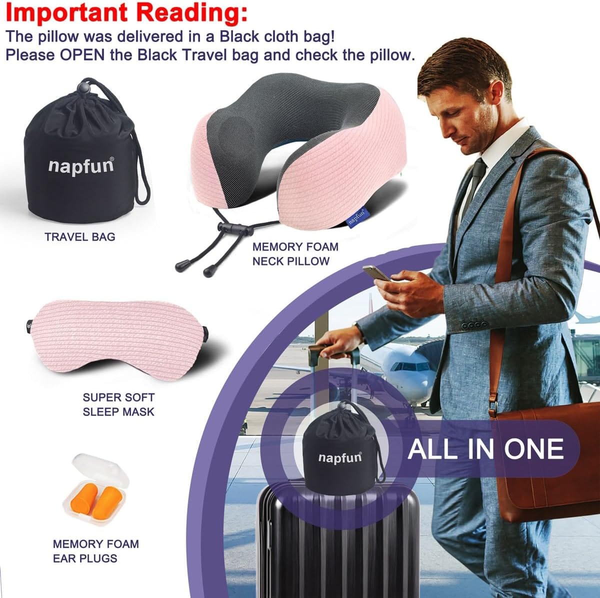 napfun Neck Pillow for Travel with Travel Pouch, Sleep Mask & Earplugs, Memory Foam Airplane Pillow for Headrest Sleep with Eyeshades, Plane Essentials with Eye Blindfold, Pink Striped Kit - Image 2